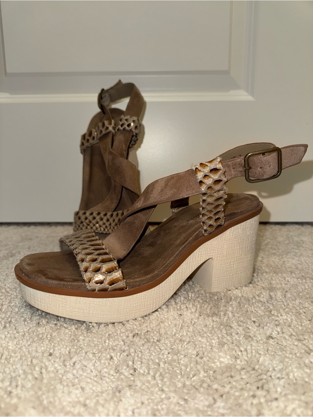 Pierre Dumas Taupe and Cream Platform Heels with Textured Straps